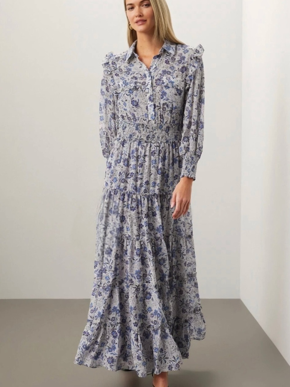 Misa Los Angeles Blue Floral Maxi Dress with Smocked Waist